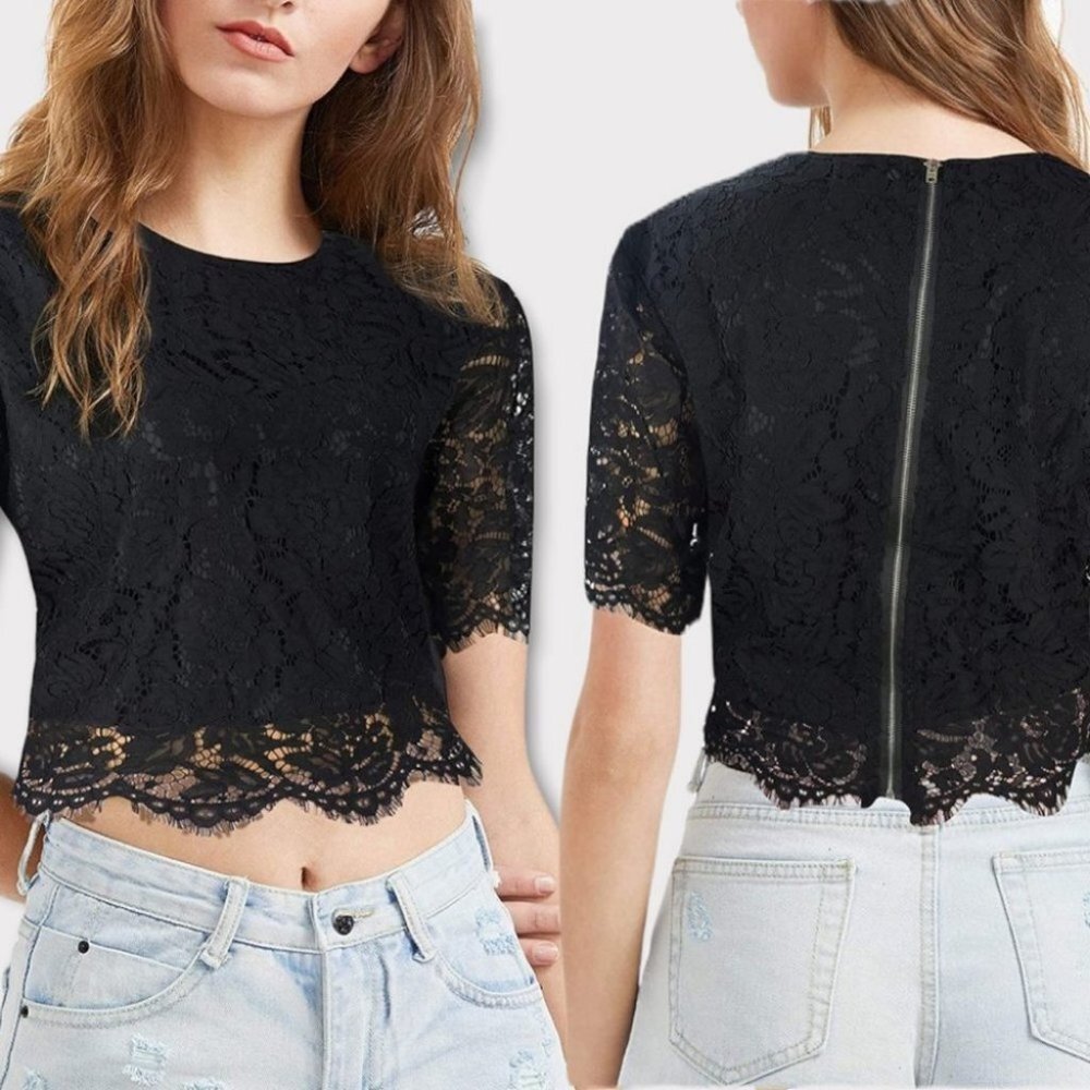 Oyamiki Short Sleeve‎ Black Lace Crew Neck Blouse Top Size Large Romantic Boho L